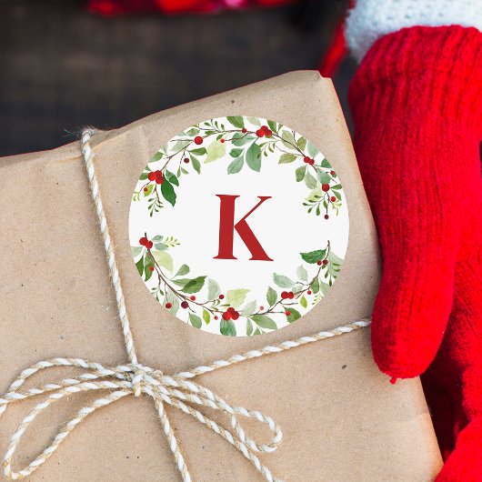 Rustic Red Monogram Holly Verlasst Berries Weihnac Runder Aufkleber