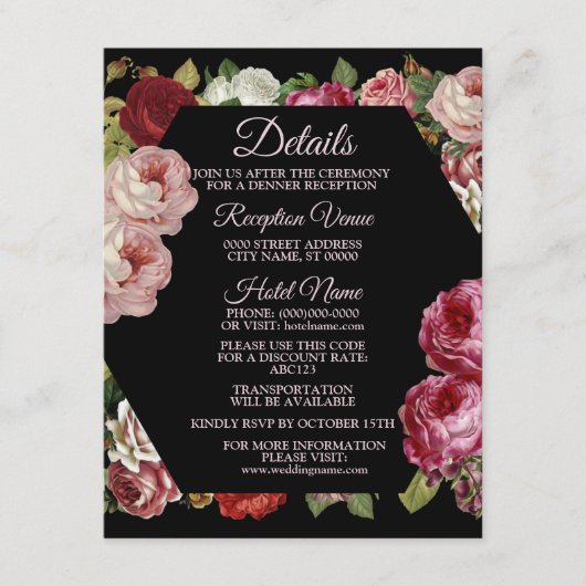 Rustic Red Pink Floral Greenery Black Detail Begleitkarte (Vorderseite)