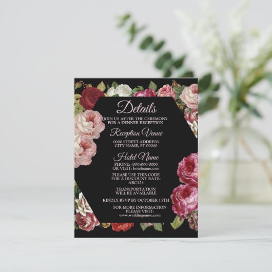 Rustic Red Pink Floral Greenery Black Detail Begleitkarte (Stehend Vorderseite)