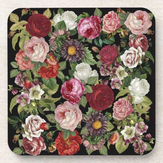Rustic Red Pink Floral Greenery Black Getränkeuntersetzer (Vorderseite)