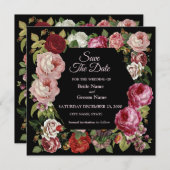 Rustic Red Pink Floral Greenery Black Save The Date (Vorne/Hinten)