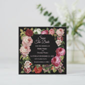 Rustic Red Pink Floral Greenery Black Save The Date (Stehend Vorderseite)