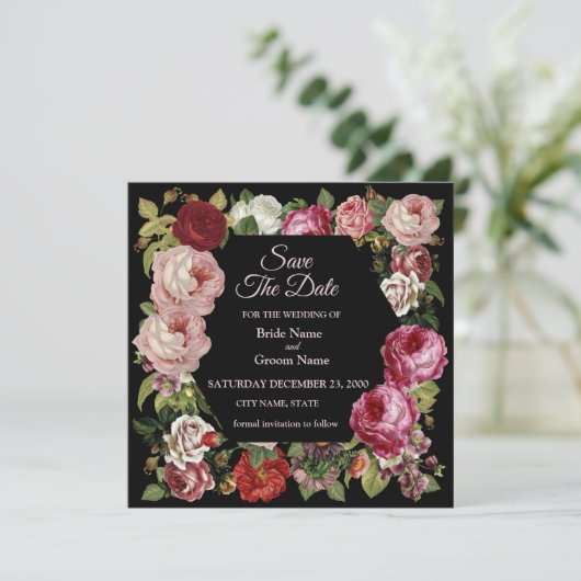 Rustic Red Pink Floral Greenery Black Save The Date (Stehend Vorderseite)