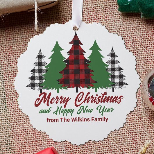 Rustic Red Plaid Merry Christmas Happy New Year Ornament Karte