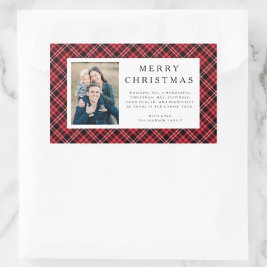 Rustic Red Plaid Photo Christmas Rechteckiger Aufkleber (Tasche)