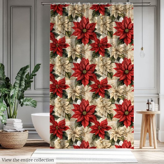 Rustic Red Poinsettia Curtain Classic Xmas Flowers Duschvorhang