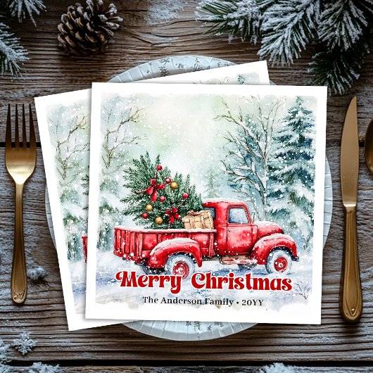 Rustic red truck Christmas scene festive napkins Serviette