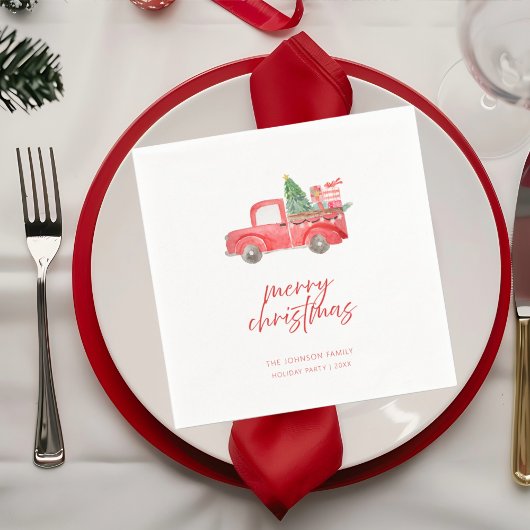Rustic Red Truck Merry Christmas Holiday Party Serviette