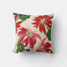 Rustic Red Watercolor Poinsettia Floral Greenery  Kissen