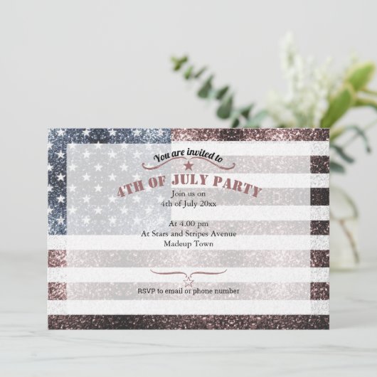 Rustic Red White Blue Glitzern USA Flag 4. Juli Einladung (Stehend Vorderseite)