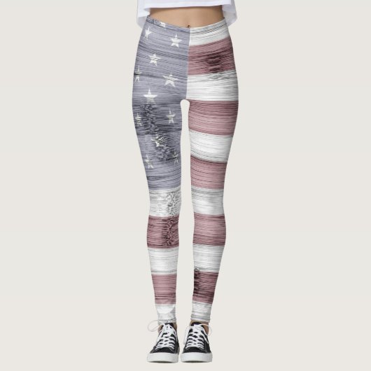 Rustic Red White Blue Wood USA Fahne Amerika Leggings (Vorderseite)