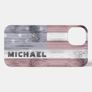 Rustic Red White Blue Wood USA Flag Monogram iPhone 13 Hülle