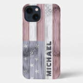 Rustic Red White Blue Wood USA Flag Monogram iPhone Hülle (Rückseite)