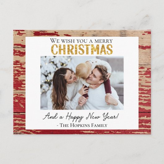 Rustic Red Wood Custom Foto Weihnachten Postkarte (Vorderseite)