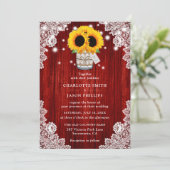 Rustic Red Wood Mason Jar Sunflower Wedding Einladung (Stehend Vorderseite)