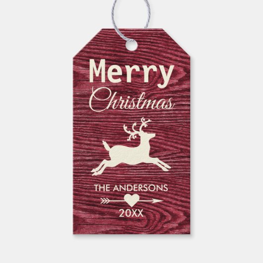 Rustic Red Wood Reindeer Frohe Weihnachten Geschenkanhänger (Vorderseite)