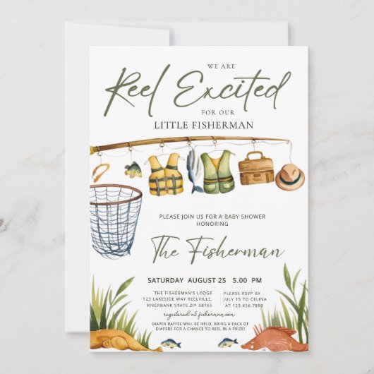 Rustic Reel Excited Little Fisherman Baby Shower Einladung (Vorderseite)