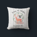 Rustic Reindeer Boho Watercolor Wedding Monogram Kissen<br><div class="desc">Ein frisch verheiratetes Paar Kissen mit digitalem Aquarelldesign. Eine pastellorangefarbene Rentiere-Silhouette in einem Kranz von Kräutern-Blätter. Pilze und Waldfarne zu seinen Füßen. Ein grauweißes Birkenbaummuster im Hintergrund. Personalisieren Sie mit Ihren Namen,  Hochzeitstermin und Monogram Initial für Ihren Nachnamen.</div>