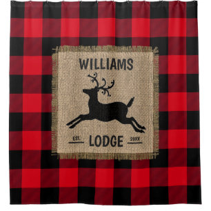 Rustic Reindeer Red Buffalo Kariert Familienname  Duschvorhang