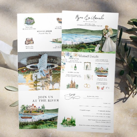 Rustic River Alexandria Bay Wedding Dreifach Gefaltete Einladung