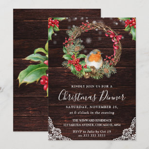 Rustic Robin und Holly Wreath Weihnachten Einladung