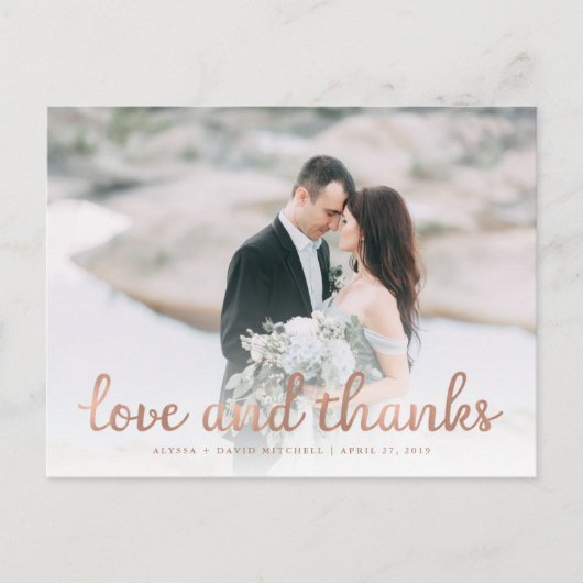 Rustic Rose Gold Wedding Foto Vielen Dank Postkarte (Vorderseite)