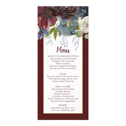 Rustic Rose Navy Burgundy Gold Floral Wedding Menu Werbekarte (Vorne)