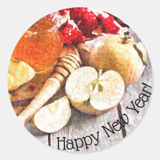 Rustic Rosh Hashanah Happy New Year Apples Honey Runder Aufkleber