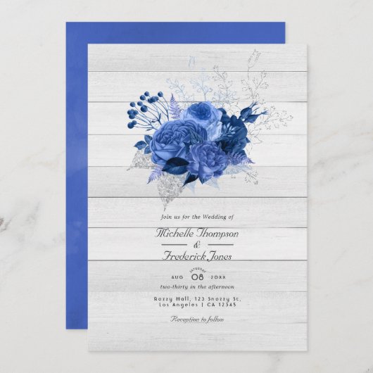 Rustic Royal Blue & Silver Floral QR Code Wedding Einladung (Vorne/Hinten)