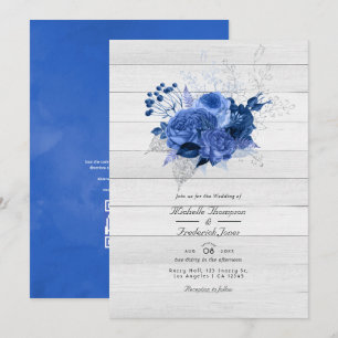 Rustic Royal Blue & Silver Floral QR Code Wedding Einladung