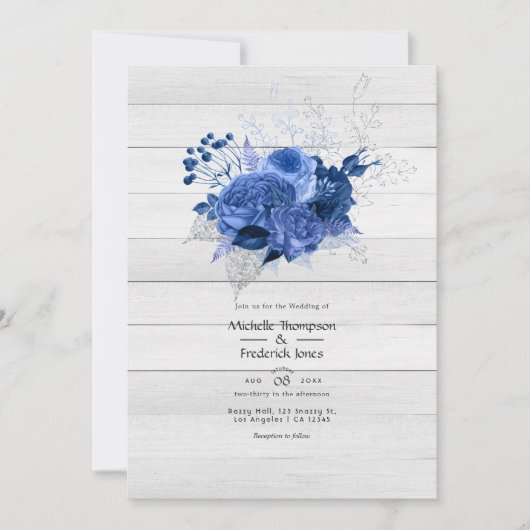 Rustic Royal Blue & Silver Floral Wedding Einladung (Vorderseite)