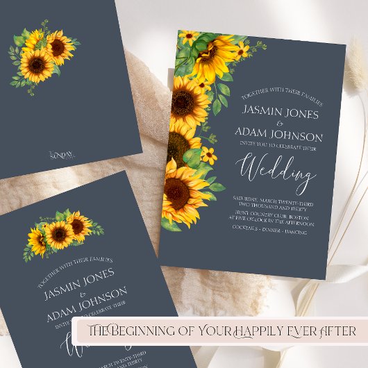 Rustic Royal Blue Sunflower Boho Wedding Einladung