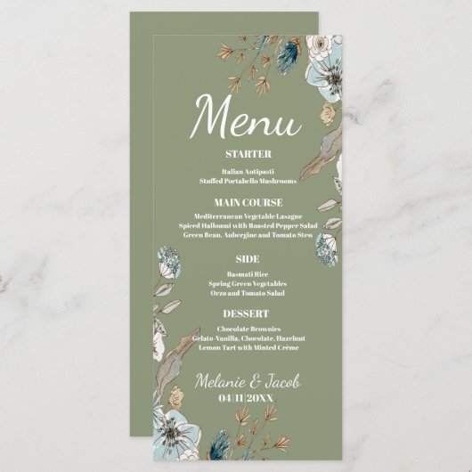 Rustic Sage floral 4x9 flaches Hochzeitsmenü Menükarte (Vorne/Hinten)