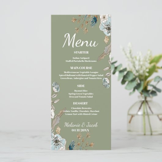 Rustic Sage floral 4x9 flaches Hochzeitsmenü Menükarte (Stehend Vorderseite)
