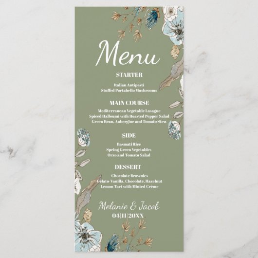 Rustic Sage floral 4x9 flaches Hochzeitsmenü Menükarte (Vorderseite)