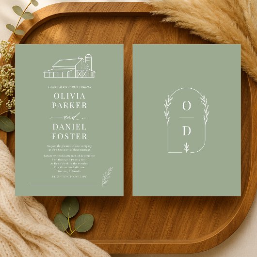 Rustic Sage Green Barn Farmhouse Wedding Einladung