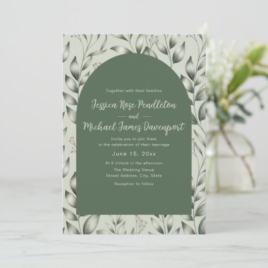 Rustic Sage Green Botanical Arch Photo Wedding Einladung (Stehend Vorderseite)