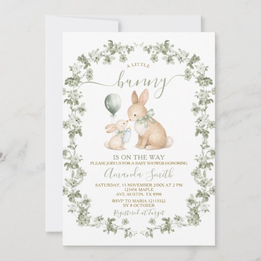 Rustic Sage Green Bunny Baby Shower Invitation Einladung (Vorderseite)