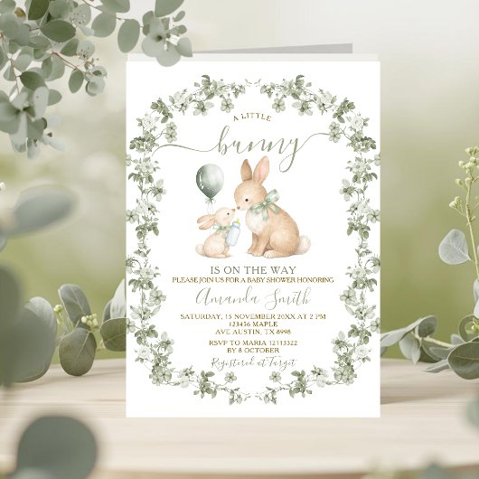 Rustic Sage Green Bunny Baby Shower Invitation Einladung
