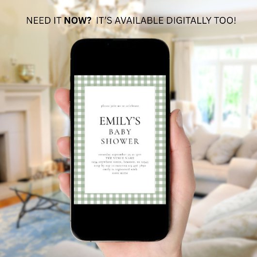 Rustic Sage Green Gingham Baby Dusche Einladung