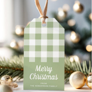 Rustic Sage Green Kariert Frohe Weihnachten Geschenkanhänger