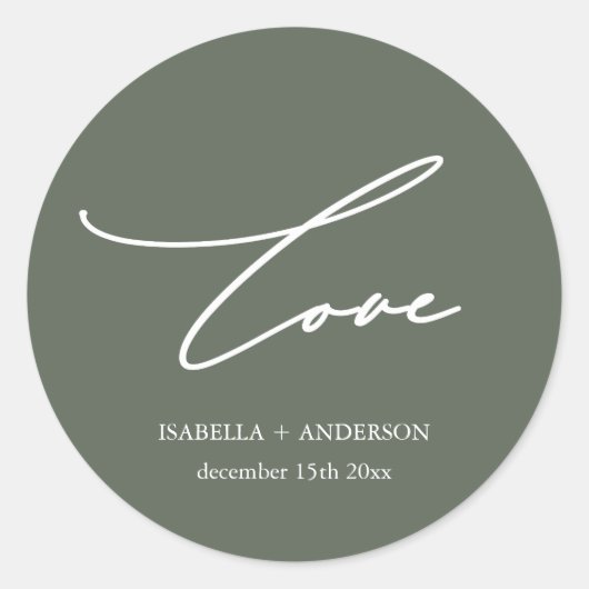 Rustic Sage Green Liebe Script mit Name Wedding Runder Aufkleber (Vorderseite)