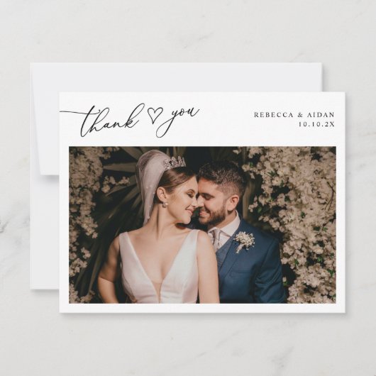 Rustic Sage Green Script Heart Wedding Foto Dankeskarte (Vorderseite)