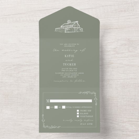 Rustic Sage Green Wedding RSVP All In One Einladung (Innen Boden)