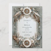 Rustic Sage Green White Sunflower Feather Wedding Einladung (Vorderseite)