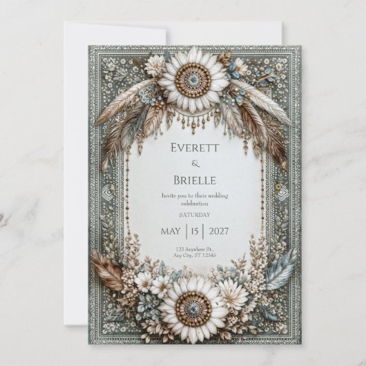 Rustic Sage Green White Sunflower Feather Wedding Einladung (Vorderseite)