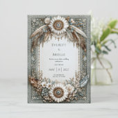 Rustic Sage Green White Sunflower Feather Wedding Einladung (Stehend Vorderseite)