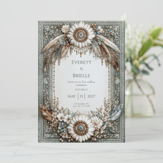 Rustic Sage Green White Sunflower Feather Wedding Einladung (Stehend Vorderseite)