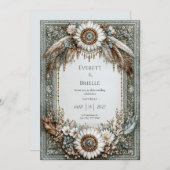 Rustic Sage Green White Sunflower Feather Wedding Einladung (Vorne/Hinten)