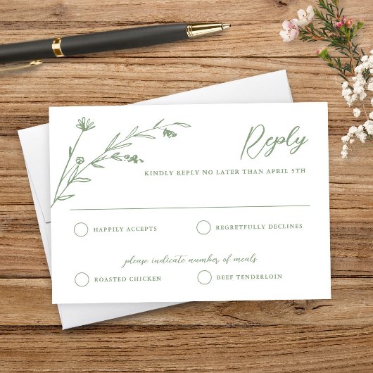 Rustic Sage Green Wildblume Wedding RSVP Card Karte
